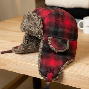 Cozy Red Plaid Sherpa Trapper Hat with Ear Flaps Winter Aviator Cap